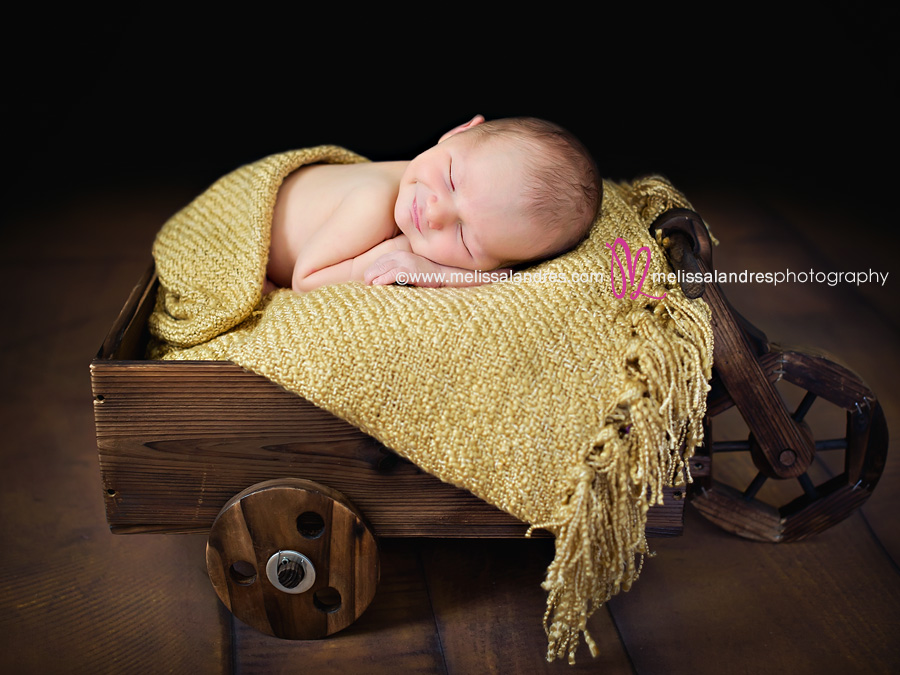 sleeping smiling baby in a wagon cart