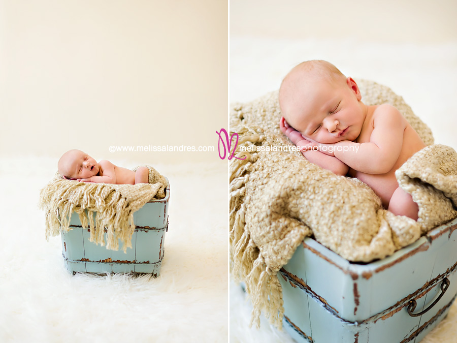 newborn baby boy in a vintage bucket - newborn baby photographer Melissa Landres