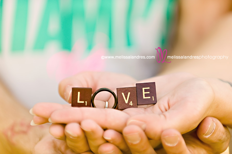 LOVE scrabble letters and his wedding ring by Melissa Landres Photography