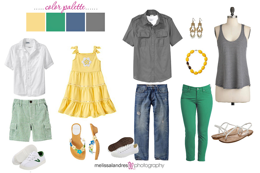 what to wear for family photos | Fresh color combo yellow, green, blue and grey