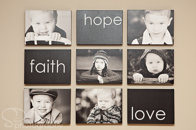 black and white photos mixed with the words Faith Hope Love