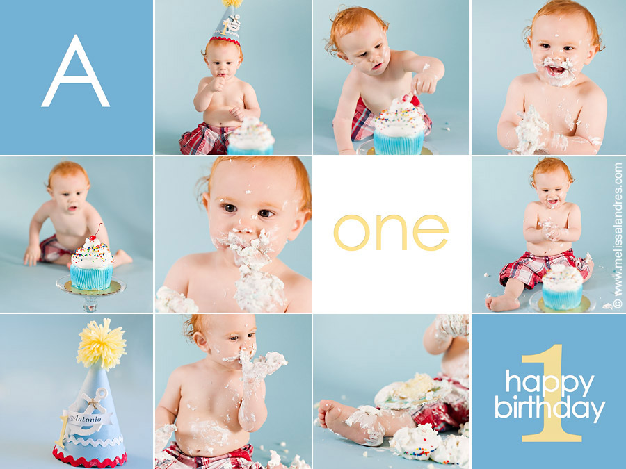 Baby's first birthday photos, cake smash with party hat by Melissa Landres photography