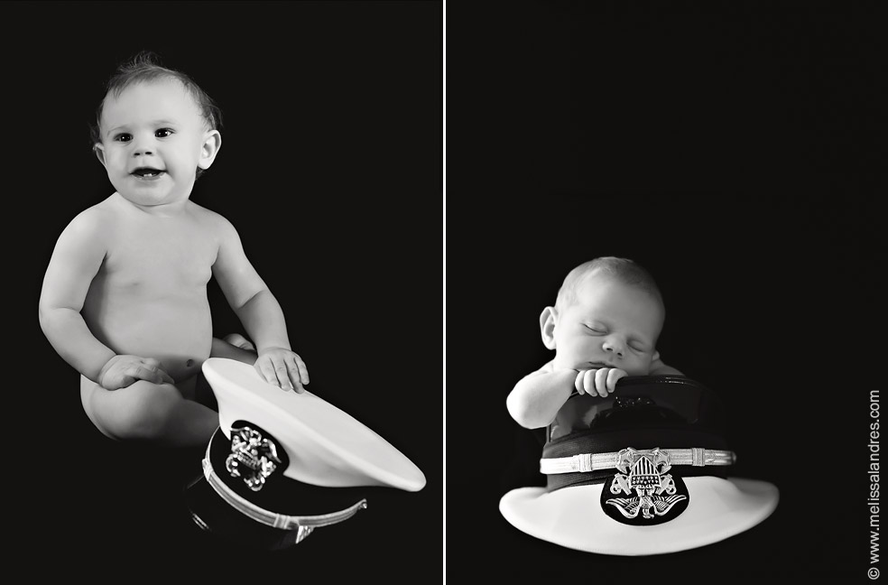 Newborn baby in Navy hat is now one year old by Melissa Landres Photography