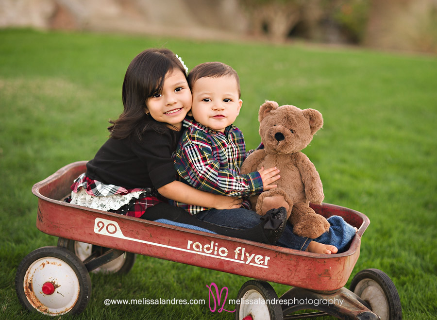 Big sister, little brother, and teddy bear toy in red wagon for photos in the park