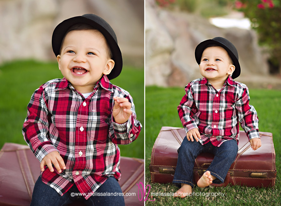 baby boy one year old photos in the park on red suitcase
