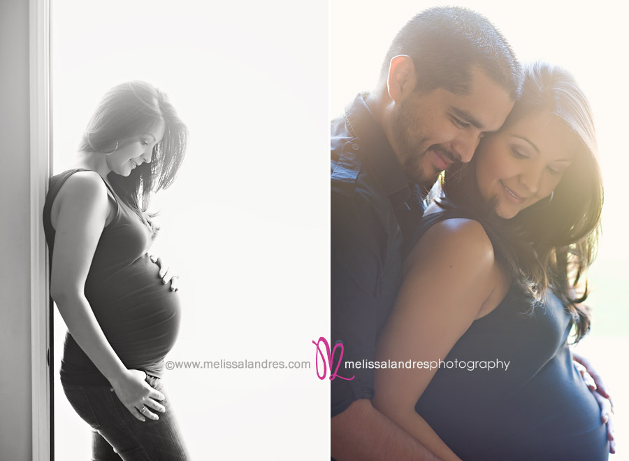 Pregnant mother poses for maternity photo session. Husband holding wife lovingly for Maternity portraits