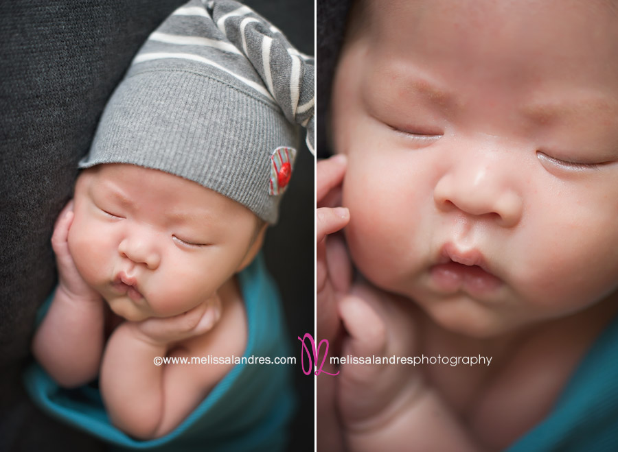 newborn baby boy with sleepy cap; close up of baby face and tiny hands