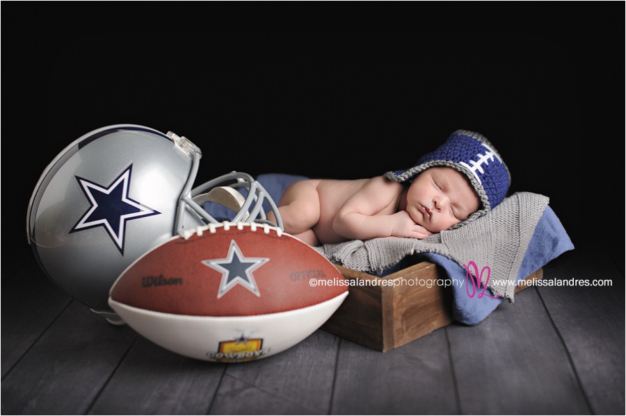 baby photos with football and helmet by Indio newborn photographer Melissa Landres