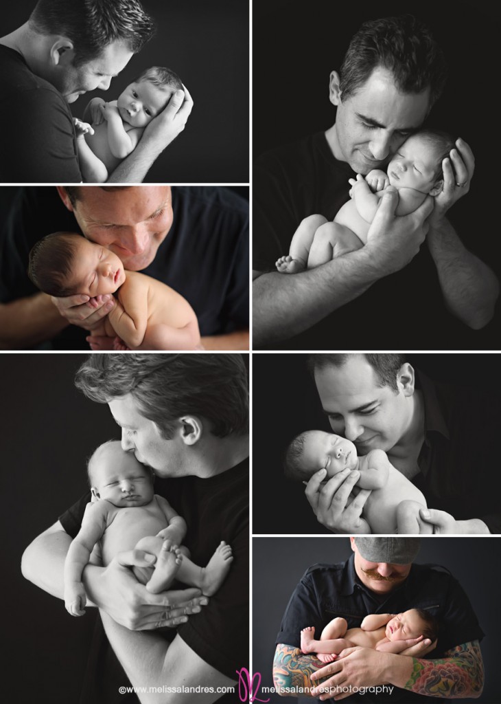 Collage of dads and fathers with their brand new babies by La Quinta newborn photographer Melissa Landres