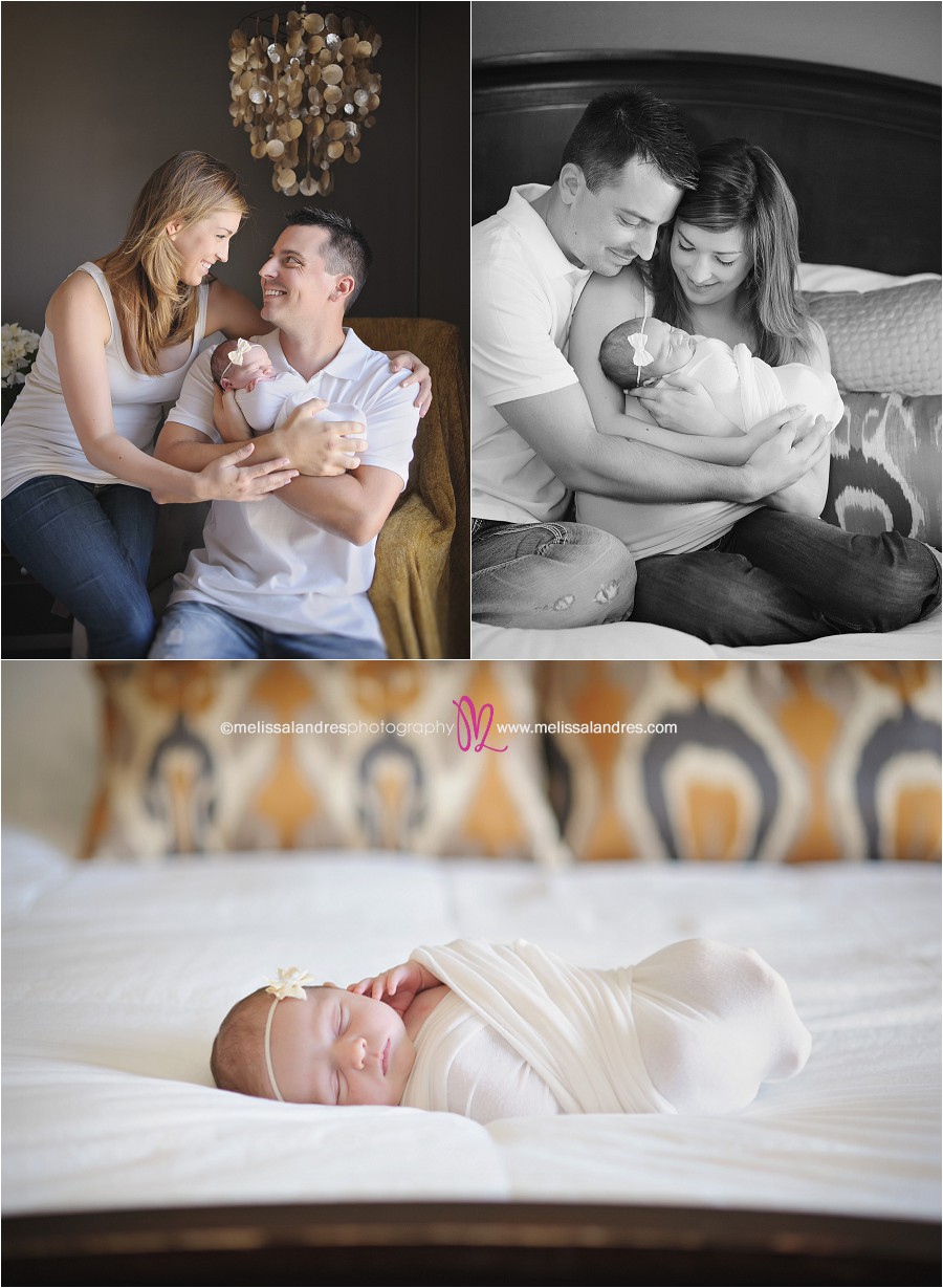 newborn baby poses on the bed with mom and dad, professional baby photos at home