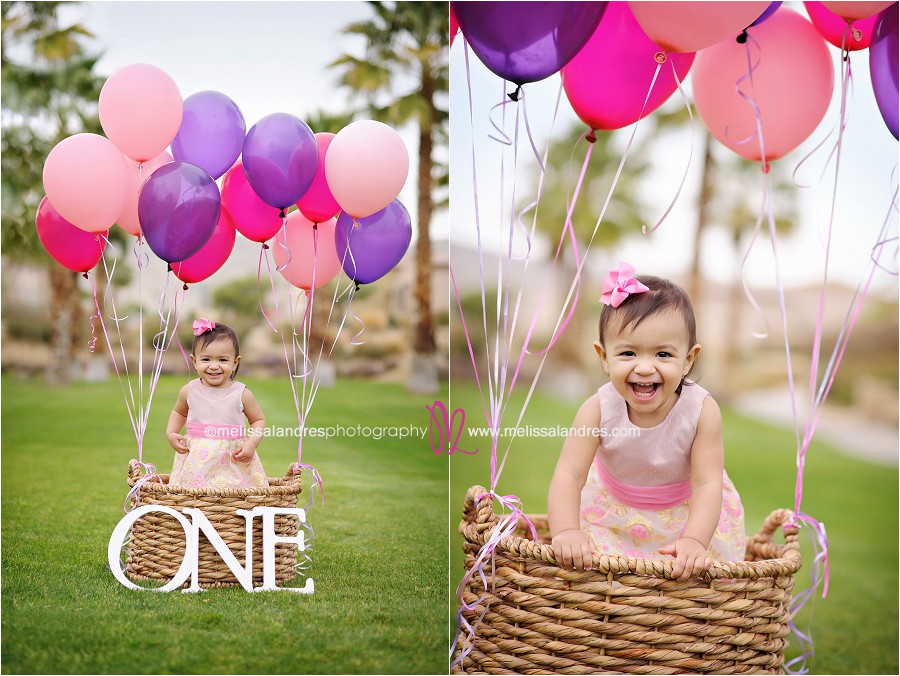 baby's first birthday, baby girl with pink and purple balloons, hot air balloon photos