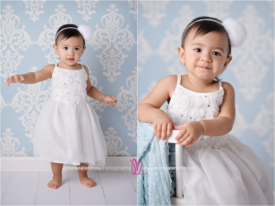 adorable baby's first birthday photos, white dress and baby blue damask