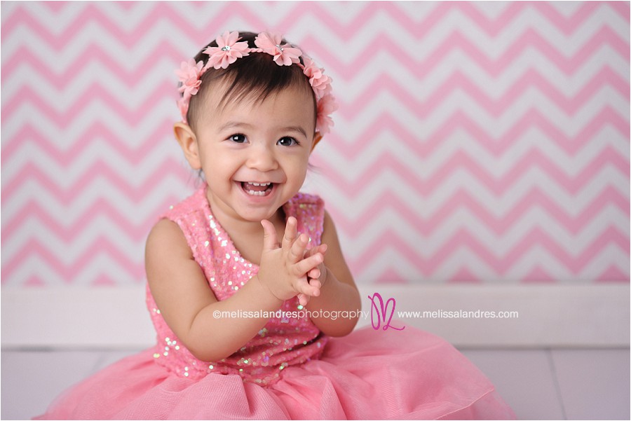 pink dress and pink chevron, baby's first birthday photos
