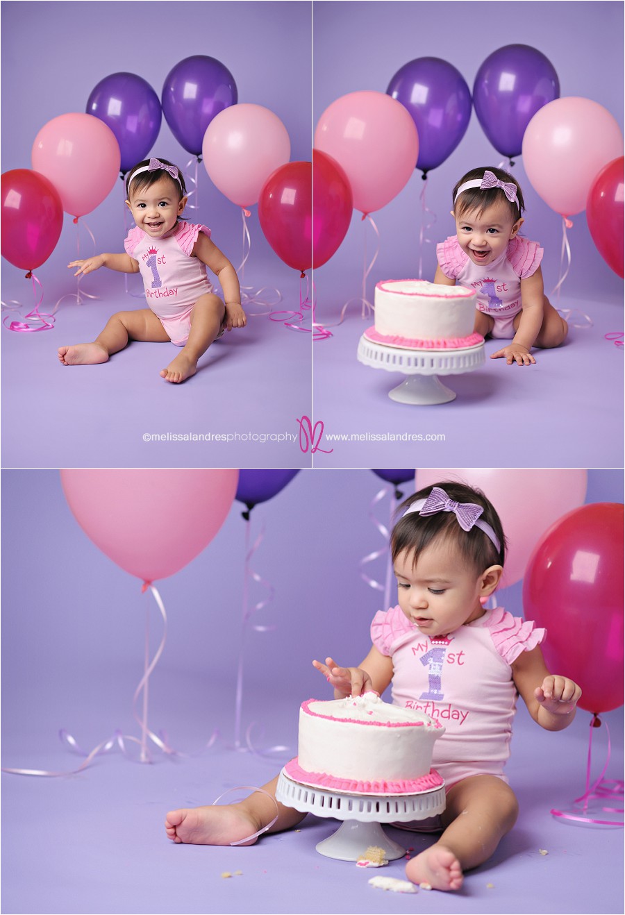 fun baby cake smash photos, pink purple balloons, pink white cake, baby's very first birthday
