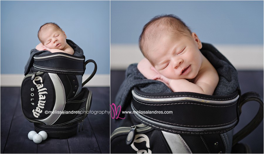 Indio baby photography, baby boy in cute golf bag prop, sleeping and smiling by professional Newborn photographer Melissa Landres