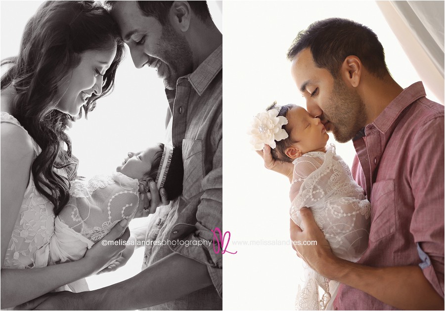 newborn baby family photos, daddy kissing baby girl in the window light