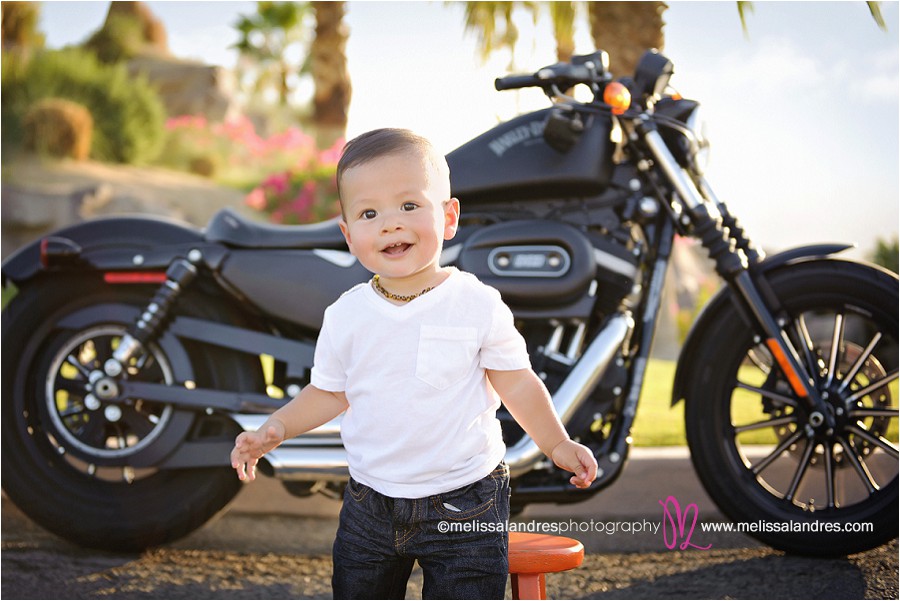 1 year old photos with Harley Davidson motorcycle in the park