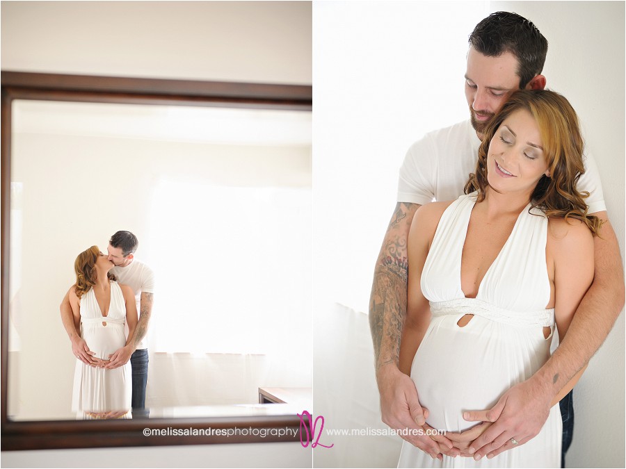 white dress maternity, beautiful husband and wife hugging, holding pregnant belly together
