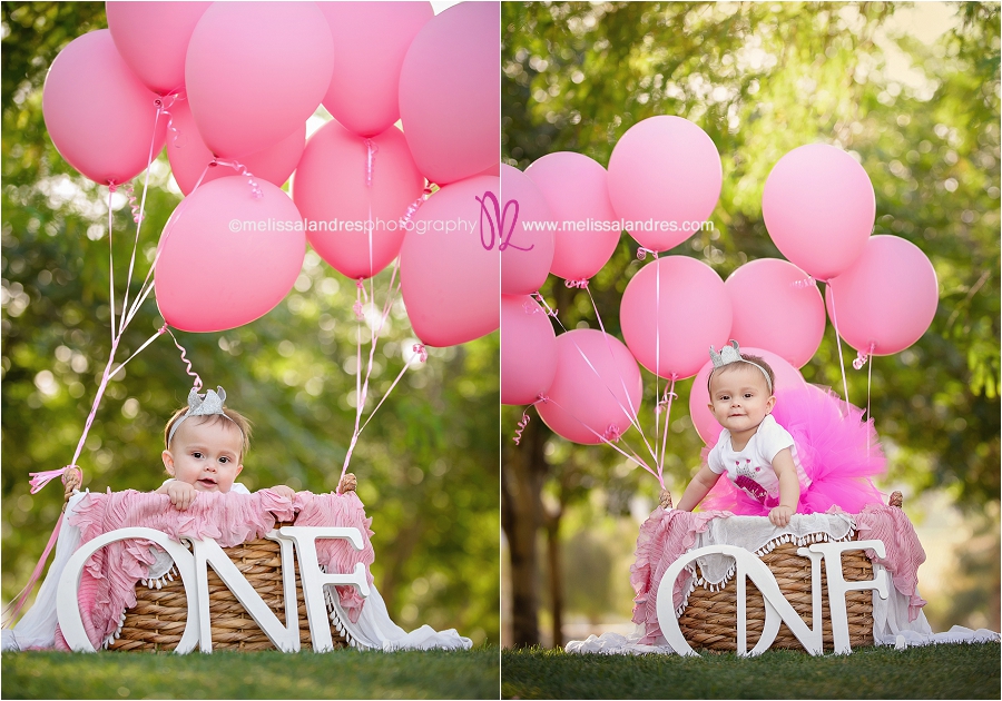 first birthday photos, balloon basket La Quinta 