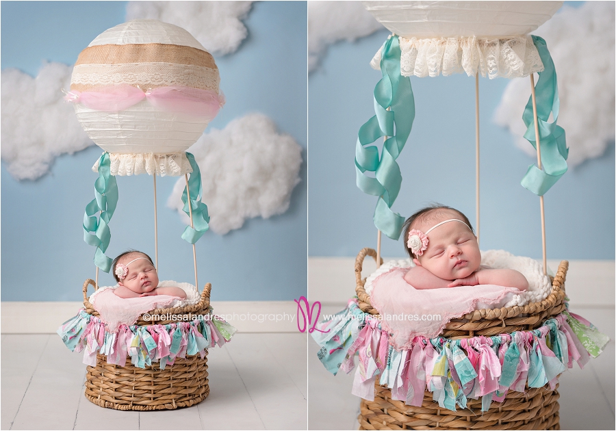 baby pictures Rancho Mirage, newborn baby girl in hot air balloon prop, melissa landres photography