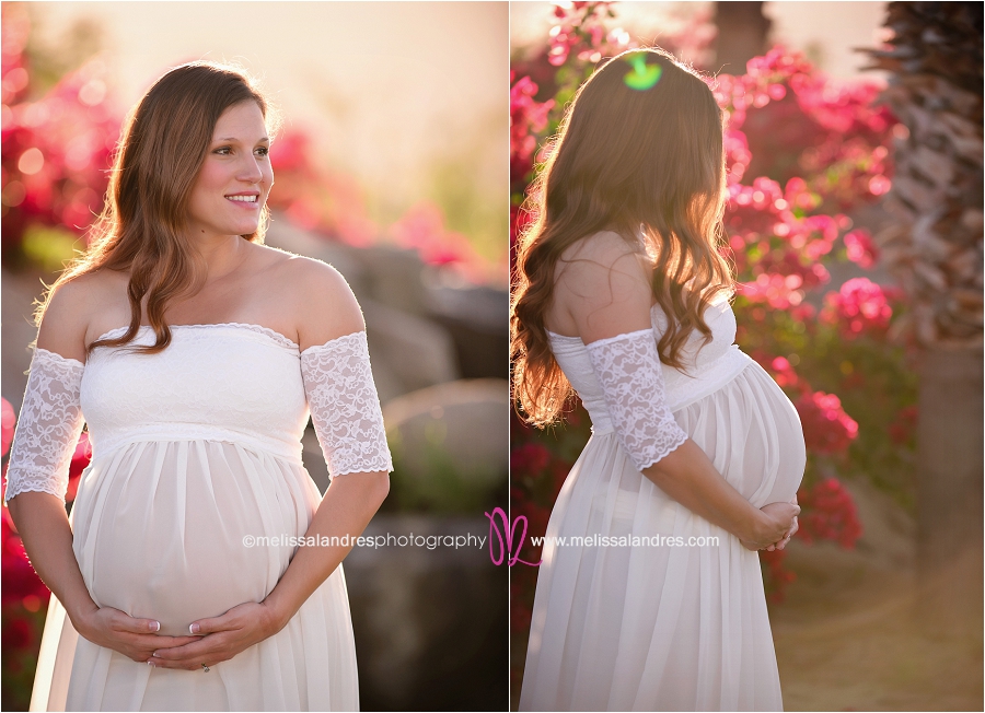 pregnancy photo session in La Quinta CA at sunset, outdoors, natural light loving mother in white maternity gown