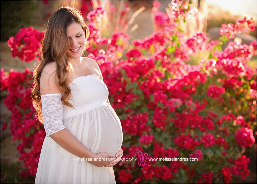pregnancy photos at sunset, outdoor session with natural sunlight, pregnant mother wearing white maternity gown